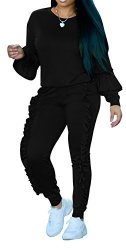 Speedle Womens Casual Long Sleeve 2 Pieces Outfits High Waist Pant Romper Jumpsuit For Ladies Tracksuit Sets Black XL