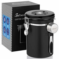 Airtight Coffee Canisters - Sailnovo Stainless Steel Container For Beans Grounds Sugar Flour Fresher Storage With Date Tracker CO2-RELEASE Valve And Measuring Scoop Kitchen