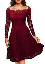 Max World Women's Vintage Floral Lace Long Sleeve Boat Neck Cocktail Formal Swing Dress XL Red