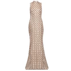 Quiz Champagne And Gold Sequin High Neck Fishtail Maxi Dress