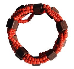 Unique Red 10-STRAND Elastic Glass Beaded Bracelet With Dark Hard Wood Beads
