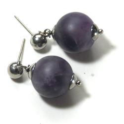 Atenea Handmade Natural Single Frosted Amethyst Earrings On Stainless Steel Studs