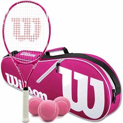 Wilson Triumph Pre-strung Pink white Tennis Racquet 4 1 4" Grip Set Or Kit Bundled With A Pink white Advantage 2-PACK Tennis Racket Bag And A Can
