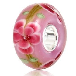 Pink Flower Green Leaves Charm 925 Sterling Silver Core Flower Glass Beads Fit For Diy Charms Bracelets