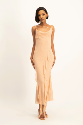 Keira Cowl Neck Ruffle Dress - Nude - XS