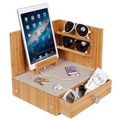 G.u.s. "zen" Eco-friendly Bamboo Corner Multi-device Charging And Sunglass Station With Drawer