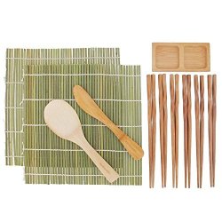 BambooMN Sushi Maker Kit 2X Green Bamboo Rolling Mats 1X Rice Paddle 1X Spreader 1X Compartment Sauce Dish + 6 Prs Chopsticks