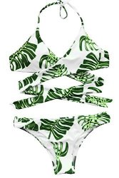 Cupshe Fashion Women's Green Ginkgo Leaves Printing Halter Padding Bikini Set Beach Swimwear S