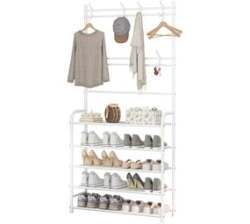 8 Hooks Coat And Hat Stand Metal Shoe Rack 5 Tiers Shelf Hanger-white