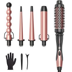 Wavytalk 5 In 1 Curling Iron Curling Wand Set With Curling Brush And 4 Interchangeable Ceramic Curling Wand 0.35-1.25 Instant Heat Up Include Heat Protective Glove & 2 Clips