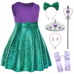 Princess Mermaid Green Dress Costumes For Toddler Little Girls With Headband Crown Mace Gloves Necklace Earrings 2T 3T