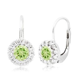 Unicornj Children's Tweens Sterling Silver 925 Light Green Cz Halo August Birth Month Leverback Earrings 4MM Italy