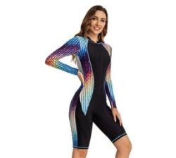 Women's Rainbow Stripe Long Sleeve Shorts Swimwear - L