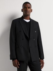 Men&apos S Slim Double Breasted Herringbone Black Suit Jacket