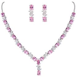 Elequeen Women's Silver-tone Cubic Zirconia Oval Shape Leaf Bridal Necklace Earrings Set Pink