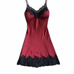 Close-dole Sleepwear Womens Chemise Satin Lace Nightgown Lace Soft Lounge Sling Dress Babydoll Sleepwear With Chest Pads Wine