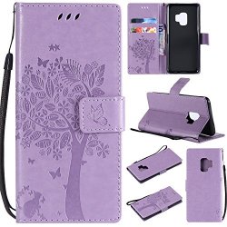 Galaxy S9 Case Fashion Wallet Case Cat Tree Printed Cover For Samsung Galaxy S9 2018 Purple