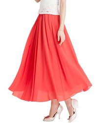 Mullsan Women Retro Vintage Double Layer Chiffon Pleat Maxi Long Skirt Dress Red