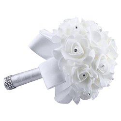 Vibola Crystal Roses Peony Ribbon Bridesmaid Wedding Bouquet Bridal Artificial Silk Flowers Home Decor The Vases Are Not Included. White