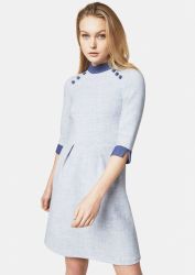 Closet London Blue High Collar 3 4 Sleeve Pleated Skirt Dress