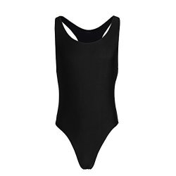 Jeeyjoo Men's Solid Racer Back Bodysuit High Cut Thongs Leotard Stretch Singlet Swimsuit Black L