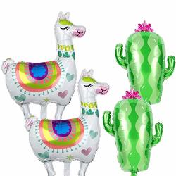 2 Pcs White Llama Alpaca Foil Balloons And 2 Pcs Cactus Foil Balloons Mexican Fiesta Theme Party Decorations Birthday Baby Shower Decor Supplies