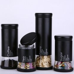Dh - Kitchen Food Storage Airtight Coffee Tea Pasta Sugar Canister Set - Black Transparent