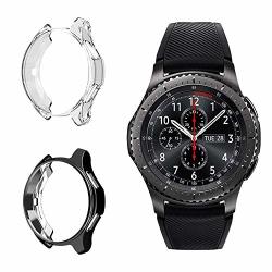 Leotop 2 Pack Soft Tpu Plated Case Bumper Protective Cover Shockproof Armor Compatible Samsung Gear S3 Frontier SM-R760 CLASSIC Galaxy Watch 46MM SM-R800 Protector Clear+black 46MM
