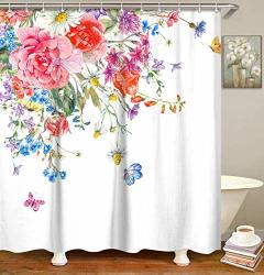 Colorful Flowers Shower Curtain Set With 12 Hooks Butterfly Fabric Bath Curtain Home Decoration Privacy Bathroom Curtain Polyester Machine Washable 72W X 78L Inches