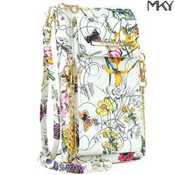 Cellphone Wallet Smartphone Pouch Clutch Purse Crossbody Shoulder Bag Wristlet Smart Phone Case White Floral