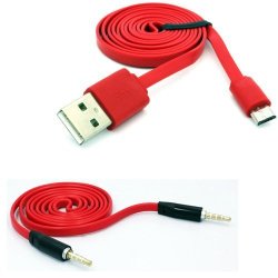 Fonus Brand 3FT Flat Micro USB Data Cable Sync Charging Cord + 3.5MM Tangle Free Aux Cable Car Audio Stereo Jack Red For Samsung