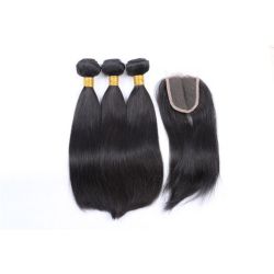 Brazilian Virgin Straight Hair Weaves 3 Bundles With Closure 8 Inches