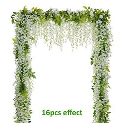 Lvydec Wisteria Artificial Flowers Garland 4PCS Total 28.8FT White Artificial Wisteria Vine Silk Hanging Flower For Home Garden Outdoor Ceremony Wedding Arch Floral Decor