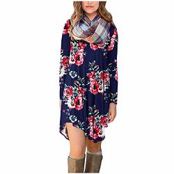 Spring Color Women's Casual Floral Print Long O Neck Dress Long Sleeve Swing Pleated Loose Asymmetrical Midi Dress Navy