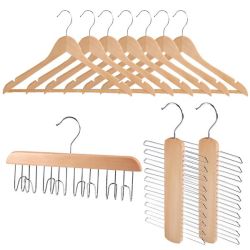 Wood Tie Hanger Belt & Wooden Hanger With Non-slip Bar - 10 Packs