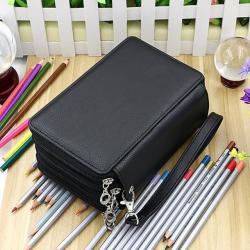 72 Holders 4 Layers Handy Pu Leather School Pencils Case - Black