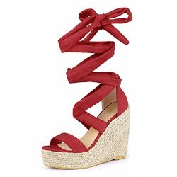 Allegra K Women's Espadrille Platform Wedges Heel Lace Up Red Sandals - 7.5 M Us