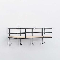 Ntra Storage Rack Wooden Iron Shelf Cloth Hanger Office With Hook Decoration Kitchen Home Wall Mounted Bedroom Diy Simple Holder 4 Hooksblack