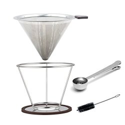 Glowseen Pour Over Stainless Steel Coffee Dripper Cone Coffee Filter Double Fine Mesh Coffee Maker Stand 1-4 Cups Tube Brush Coffee Scoop