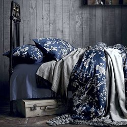 Eastern Floral Chinoiserie Blossom Print Duvet Quilt Cover Navy Blue Tan White Asian Style Botanical Tree Branches Ornamental Drawing 400TC Egyptian Cotton Bedding Set
