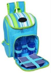 Casey Striped Picnic Backpack 4 Person - P915E - Blue & Green - Comes With Four Place Settings That Includes Plates Cutlery Glasses And Napkins