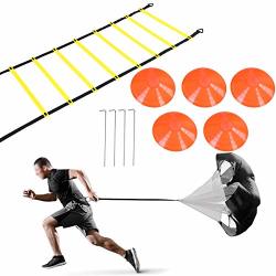 Rehomy Speed & Agility Training Set Includes 1 Resistance Parachute & 6M 12-SECTION Agility Speed Ladder 4 Steel Stakes 5 Disc Cones For Football Soccer Training Aid