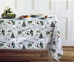 Envogue Cotton Fabric Christmas Holiday Tablecloth Rustic Rural Scene Barns Pine Trees Snow Reindeer Santa Sleigh Pattern 60 Inches X 102 Inches
