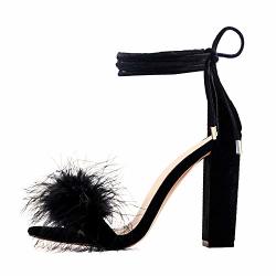 black feather block heels