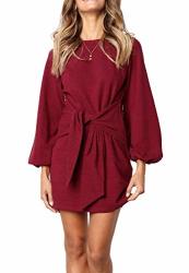 R.vivimos Women's Autumn Winter Cotton Long Sleeves Elegant Knitted Bodycon Tie Waist Sweater Pencil Dress XL Wine Red