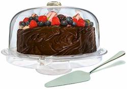 Impirilux Acrylic Cake Dome Stand And Multifunctional Serving Platter With Stainless Steel Cake Cutter Server For Desserts Chips Salads Pastry And More