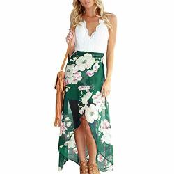 Kanzd Women Dress Women's Deep V Neck Sleeveless Summer Asymmetrical Floral Maxi Dress Green XL