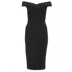 Quiz Black Pearl Detail Bardot Midi Dress