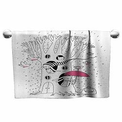 Travel Towel W 28" X L 12" Magic Home Decor Minimalist Habitat Drawing With Rabbits Tree Hole Houses In A Rainy Day Hollow Design