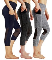 Nawongsky Sports 3 Pack Women's Workout Running Yoga Capri Mesh Leggings Tights With Side Pockets 3 Pack M